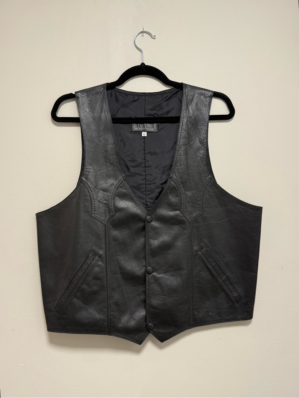 Men's Black Leather Vest - Tailored Button Front
